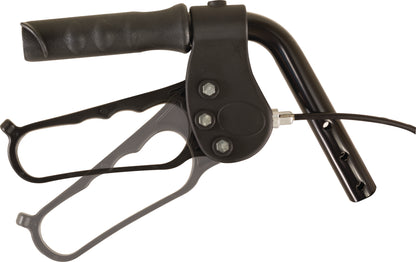 A close-up of a black hand-operated lever with textured grip, three bolts, and an attached cable—part of the ProBasics Deluxe Bariatric Aluminum Rollator with 8 Wheels, designed for mobility support.
