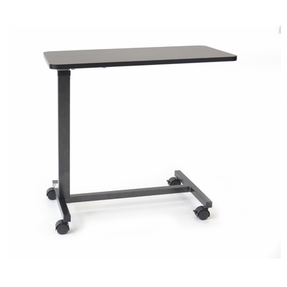 The Roscoe Rolling Overbed Table is a black, non-tilting bedside table with a rectangular top, C-shaped metal frame, four caster wheels for easy mobility, and adjustable height for customizable use.