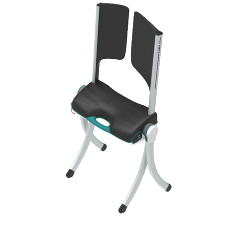 The LiftUp Raizer II is shown rotating in a 360-degree animation, featuring a black seat and backrest, silver curved legs, and teal accents—ideal for showcasing in your next product brochure.