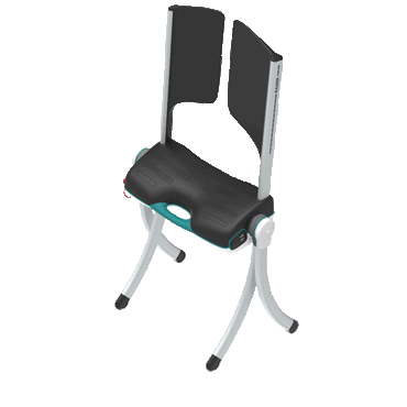 The LiftUp Raizer II is shown rotating in a 360-degree animation, featuring a black seat and backrest, silver curved legs, and teal accents—ideal for showcasing in your next product brochure.