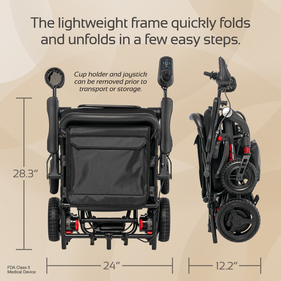 The Rascal® Carbon Cruiser Travel Folding Electric Wheelchair is shown from the back and side, folding compactly to 28.3" high, 24" wide, and 12.2" deep. The cup holder and joystick are removable for easy travel mobility.
