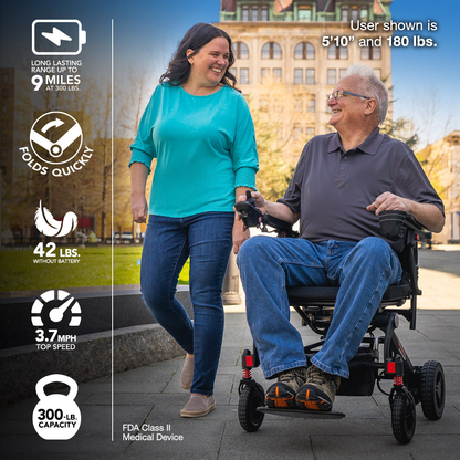 A smiling man rides a Rascal® Carbon Cruiser Travel Folding Electric Wheelchair on a city path beside a woman. Icons show range, folding, weight, speed, and capacity. Text notes user height 5'10" and weight 180 lbs.