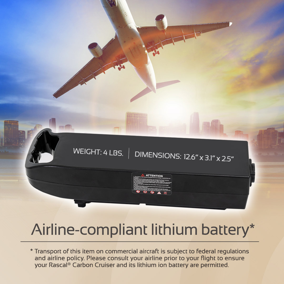A black lithium battery pack sits before a city skyline and low-flying airplane. Weighing just 4 lbs, it's airline compliant—perfect for your Rascal® Carbon Cruiser Travel Folding Electric Wheelchair.