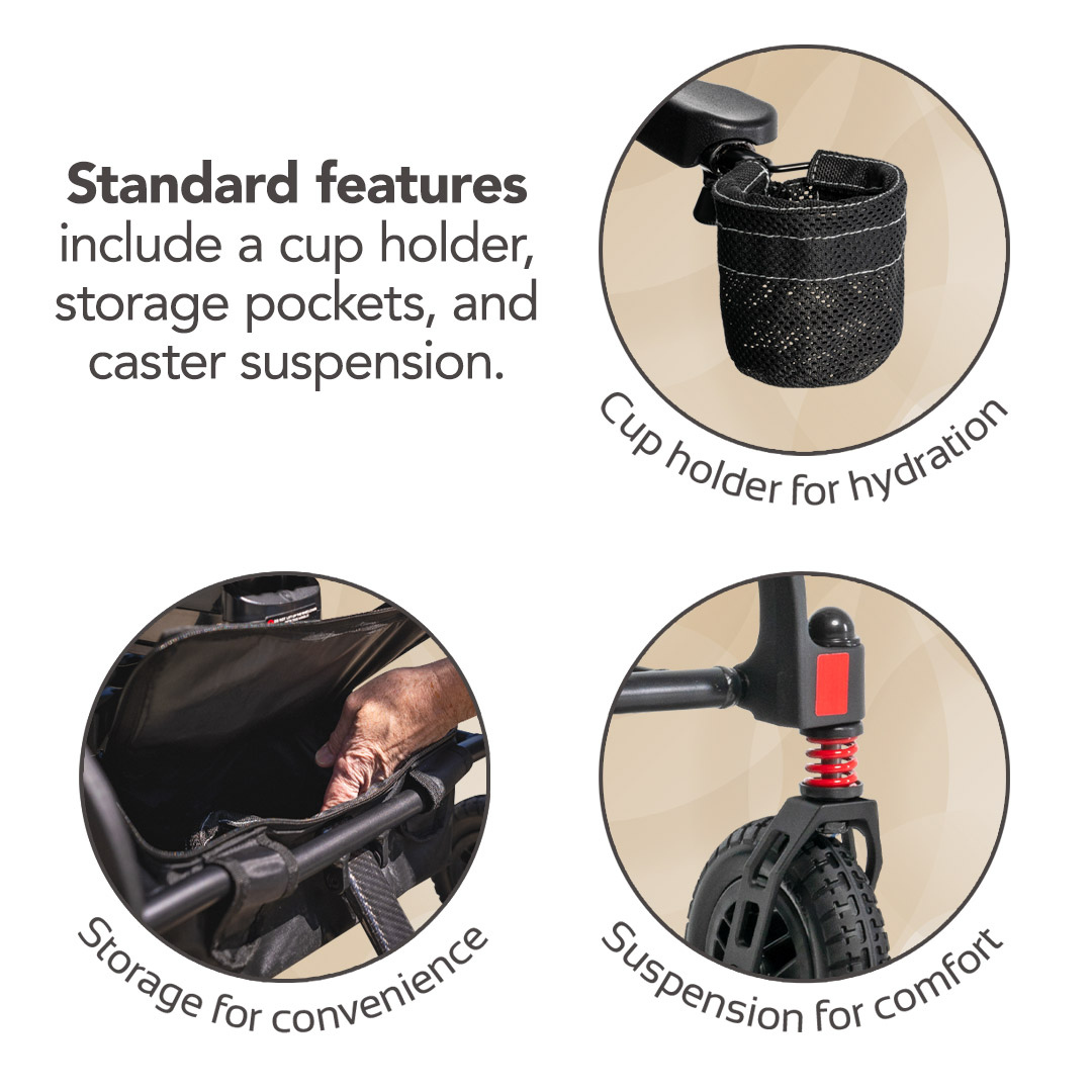 Three images highlight the Rascal® Carbon Cruiser Travel Folding Electric Wheelchair: a convenient cup holder, storage pockets, and caster suspension—perfect features in this ultra-lightweight, foldable model built for travel.