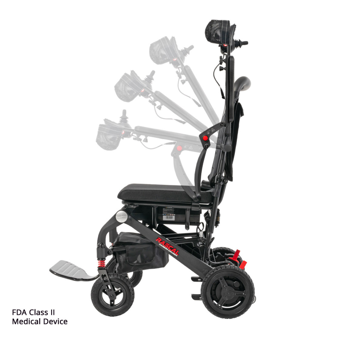 Side view of the Rascal® Carbon Cruiser Travel Folding Electric Wheelchair in black, featuring adjustable seat back positions, overlapping transparent images, a footrest, storage pouch, and FDA Class II Medical Device label.