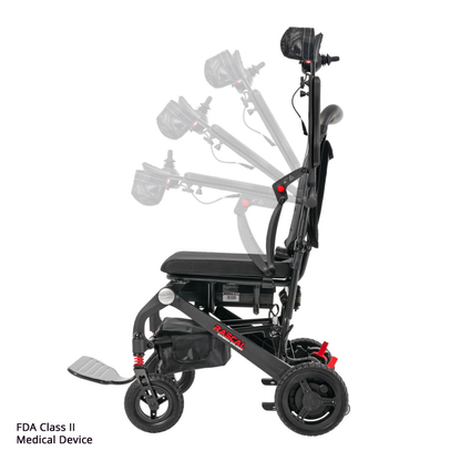 Side view of the Rascal® Carbon Cruiser Travel Folding Electric Wheelchair in black, featuring adjustable seat back positions, overlapping transparent images, a footrest, storage pouch, and FDA Class II Medical Device label.