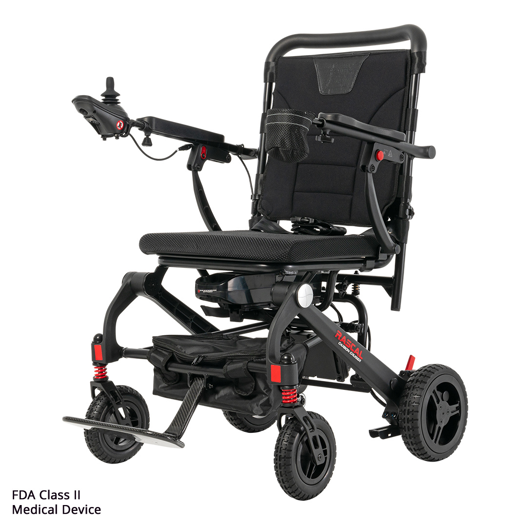 The Rascal® Carbon Cruiser Travel Folding Electric Wheelchair is a modern, ultra-lightweight black power chair with joystick armrest control, padded seat and backrest, footrest, and four sturdy wheels. FDA Class II Medical Device.