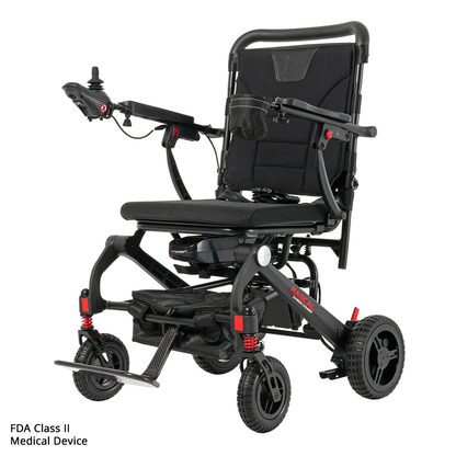 The Rascal® Carbon Cruiser Travel Folding Electric Wheelchair is a modern, ultra-lightweight black power chair with joystick armrest control, padded seat and backrest, footrest, and four sturdy wheels. FDA Class II Medical Device.