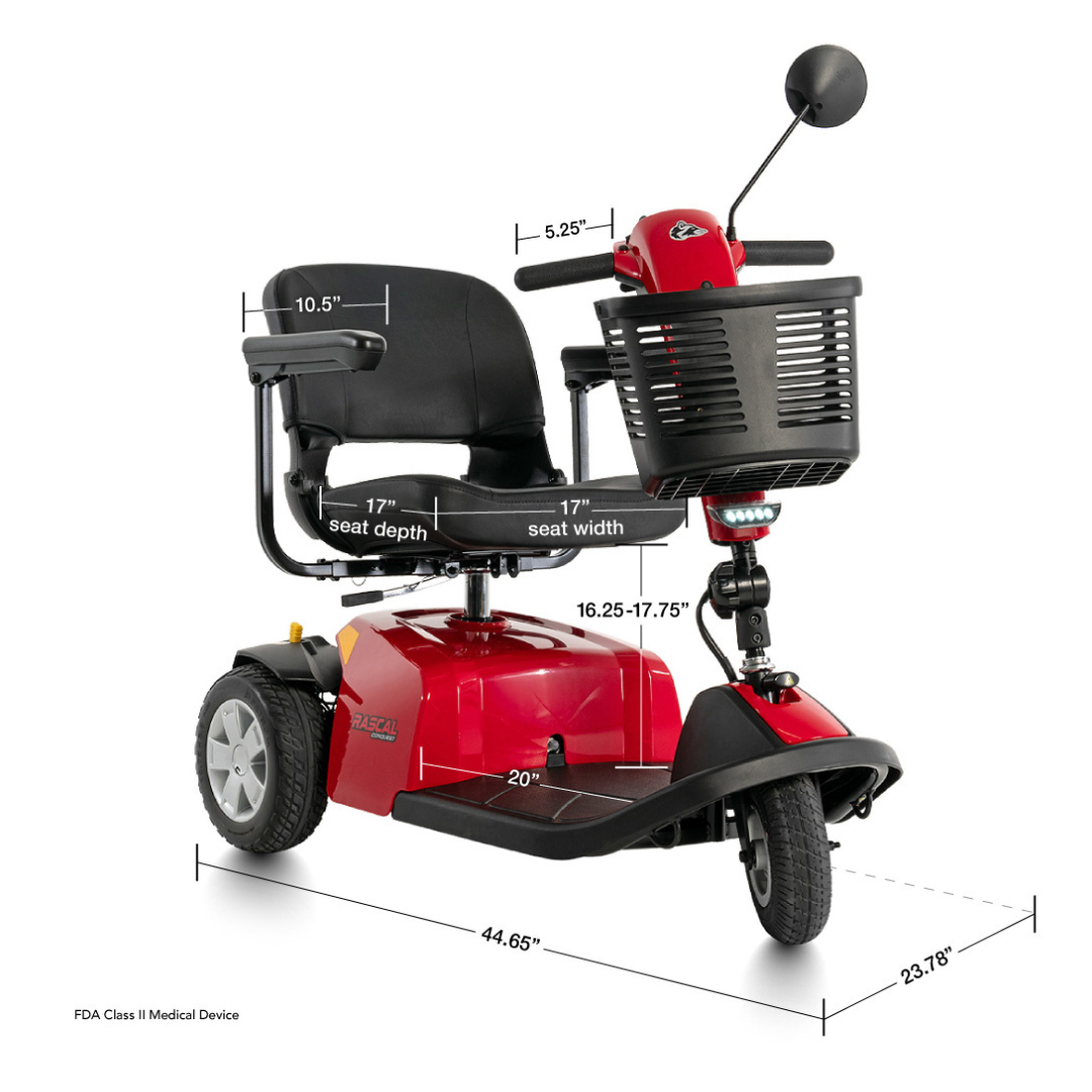 A red Rascal® Conquest 3-Wheel Mobility Scooter featuring a black seat, armrests, basket, and measurement labels for seat height, depth, width, plus overall scooter dimensions.