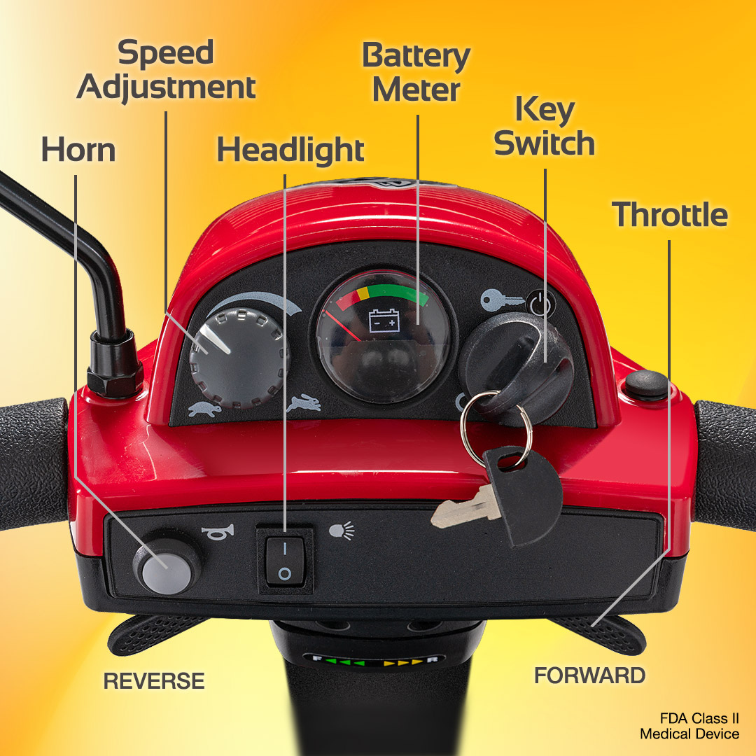 Close-up of a red Rascal® Conquest 3-Wheel Mobility Scooter control panel showing labeled horn, speed adjustment, headlight, battery meter, key switch with keys, throttle, and reverse/forward buttons against a yellow background.