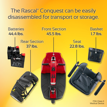 The Rascal® Conquest 3-Wheel Mobility Scooter is shown disassembled into five labeled parts with weights: batteries (44.4 lbs), rear section (37 lbs), front section (45.5 lbs), seat (22.8 lbs), and basket (1.7 lbs).