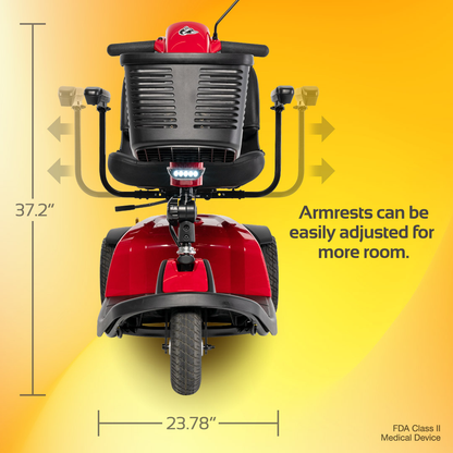 Rear view of a red Rascal® Conquest 3-Wheel Mobility Scooter shows adjustable armrests. Height: 37.2", width: 23.78". Text: "Armrests can be easily adjusted for more room.