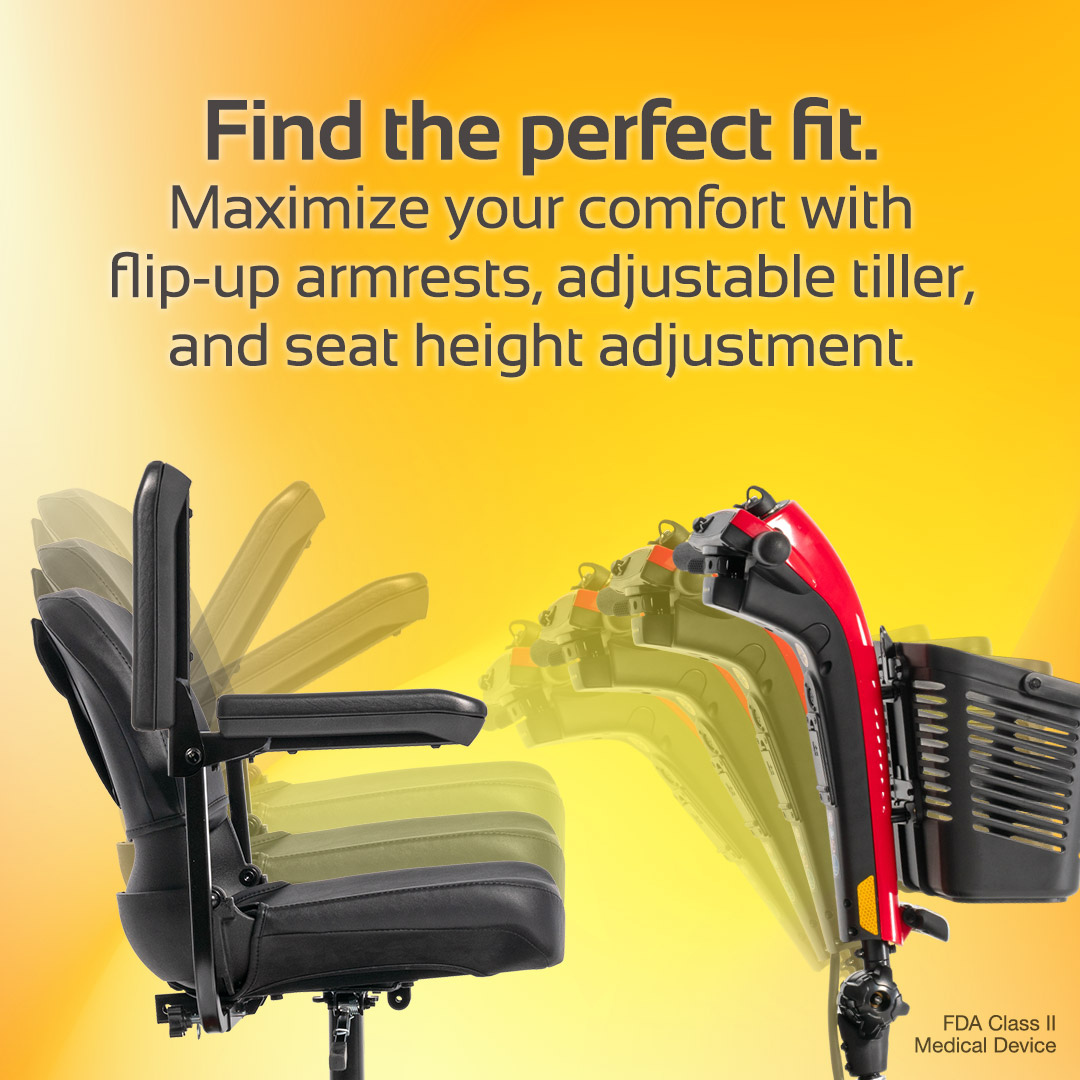 The Rascal® Conquest 3-Wheel Mobility Scooter seat is displayed in various tilted positions, showcasing adjustable armrests, tiller, and seat height on a yellow background for customized comfort and a tailored riding experience.