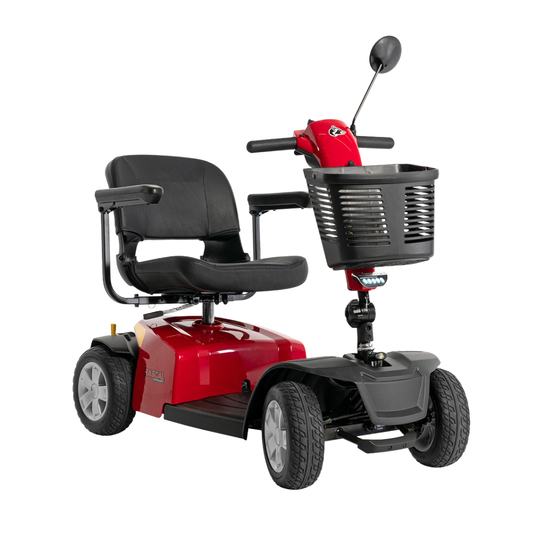 The Rascal® Conquest 4-Wheel Mobility Scooter is a mid-size scooter in red and black with a padded seat, armrests, front basket, and rear-view mirror. It’s an FDA Class II Medical Device designed for comfort and reliability.