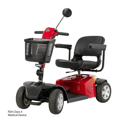 The Rascal® Conquest 4-Wheel Mobility Scooter features a red and black design, front basket, padded seat with armrests, and four wheels. The text in the corner reads FDA Class II Medical Device.