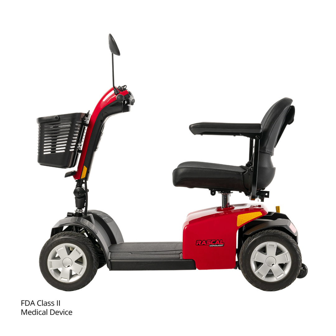 The Rascal® Conquest 4-Wheel Mobility Scooter is shown in red with a black seat, armrests, four wheels, and a front basket. “FDA Class II Medical Device” appears in the corner. The mid-size scooter is pictured in side profile on white.