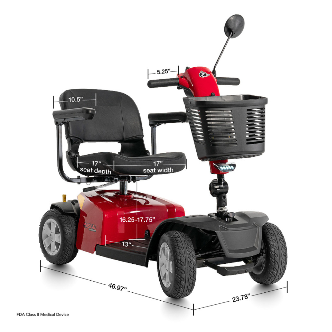 The Rascal® Conquest 4-Wheel Mobility Scooter is a red, mid-size scooter with a black seat and basket. Seat: 17" depth, 17" width, 16.25–17.75" height; back height: 13". FDA Class II Medical Device certified.