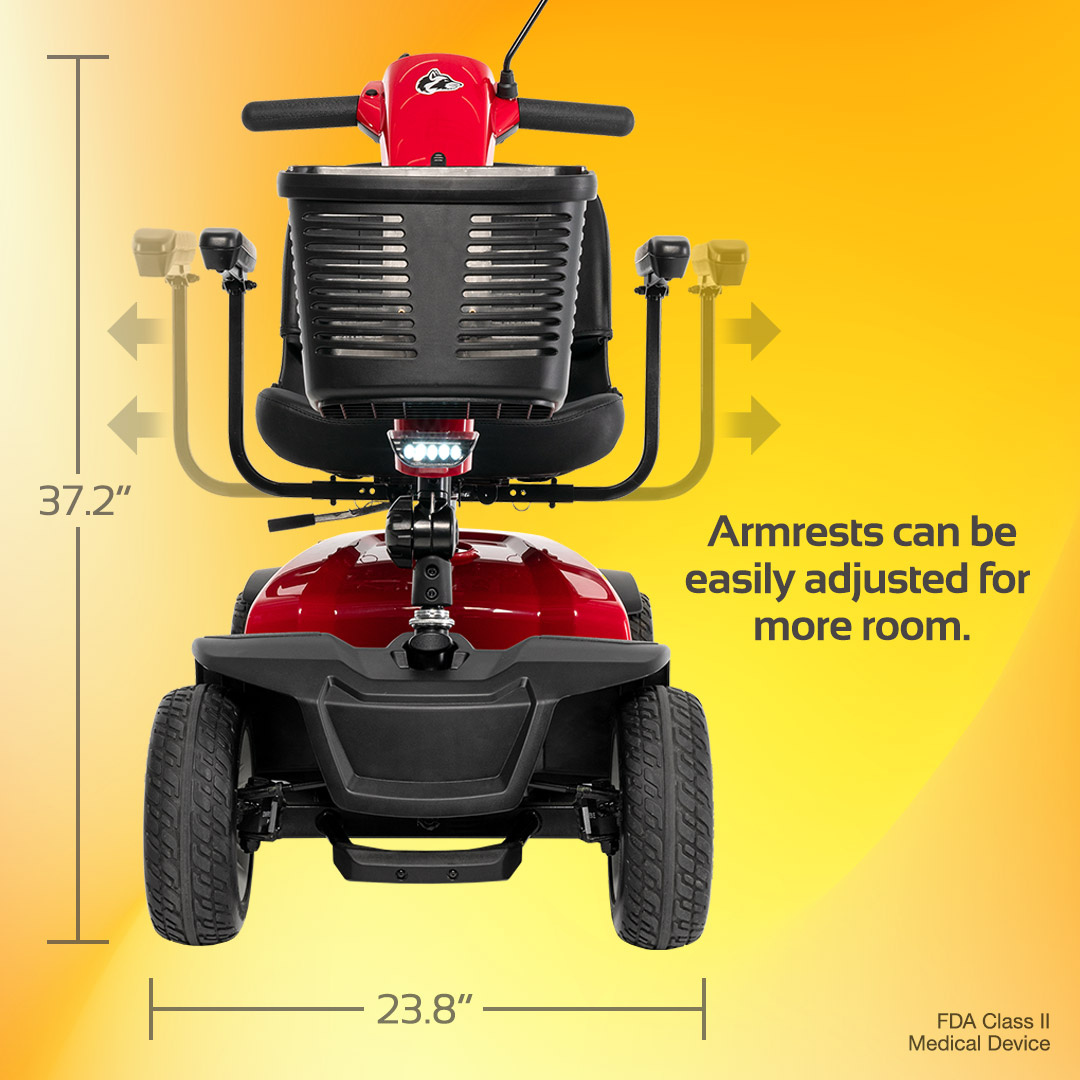The Rascal® Conquest 4-Wheel Mobility Scooter in red is shown from the back with arrows highlighting adjustable armrests and its size: 37.2" tall, 23.8" wide. Armrests adjust easily for added space. FDA Class II Medical Device.