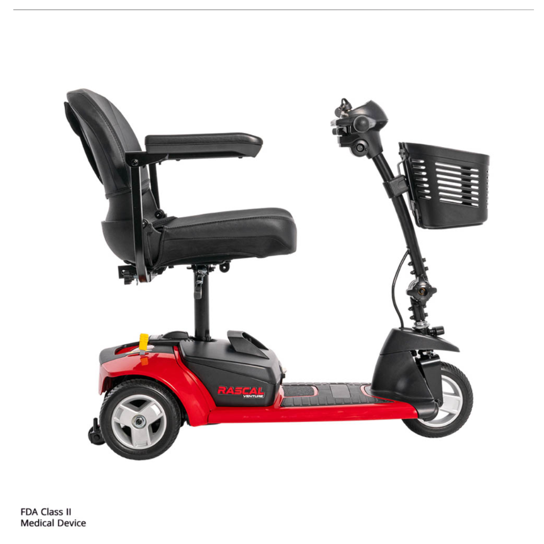 The Rascal Venture 3-Wheel Portable Scooter in red and black has a padded seat, armrests, a three-wheel base, and a front basket. This FDA Class II Medical Device is shown in profile against a white background.