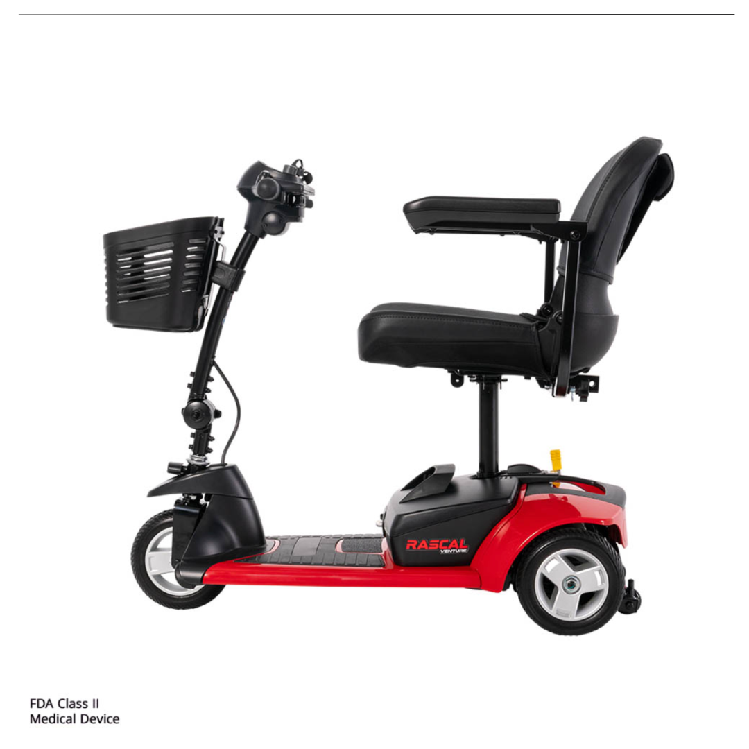 A red and black Rascal Venture 3-Wheel Portable Scooter with a front basket, padded seat, armrests, and control handles is shown from the side on a white background. Text at the bottom reads FDA Class II Medical Device.