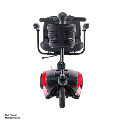 The Rascal Venture 3-Wheel Portable Scooter in red and black is shown from the back, highlighting its seat, armrests, and rear wheels. A label underneath states it is an FDA Class II Medical Device.