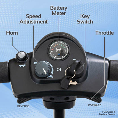 Close-up of a Rascal® Venture 3-Wheel Portable Scooter control panel showing horn, speed dial, battery meter, key switch with keys, throttle lever, and reverse/forward switch. Blue background. FDA Class II Medical Device.