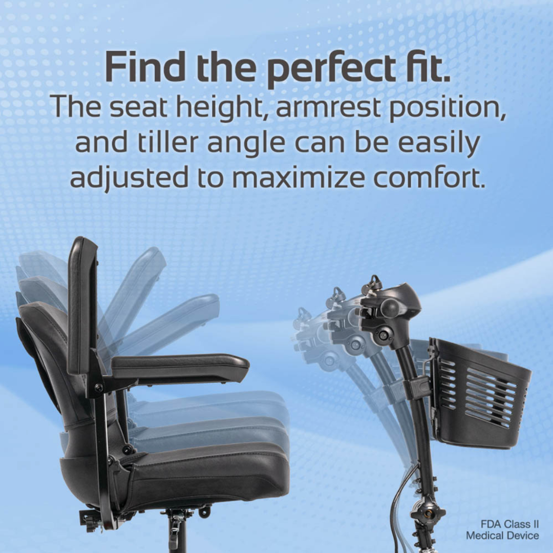 A Rascal® Venture 3-Wheel Portable Scooter seat is shown in various adjustable height, armrest, and tiller positions, highlighting customizable comfort. Text notes easy adjustments for a perfect fit as an FDA Class II Medical Device.