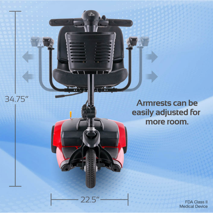 A red Rascal® Venture 3-Wheel Portable Scooter is shown from the back, featuring adjustable black armrests. Text displays seat height as 34.75" and width as 22.5". Blue background with FDA Class II Medical Device label.