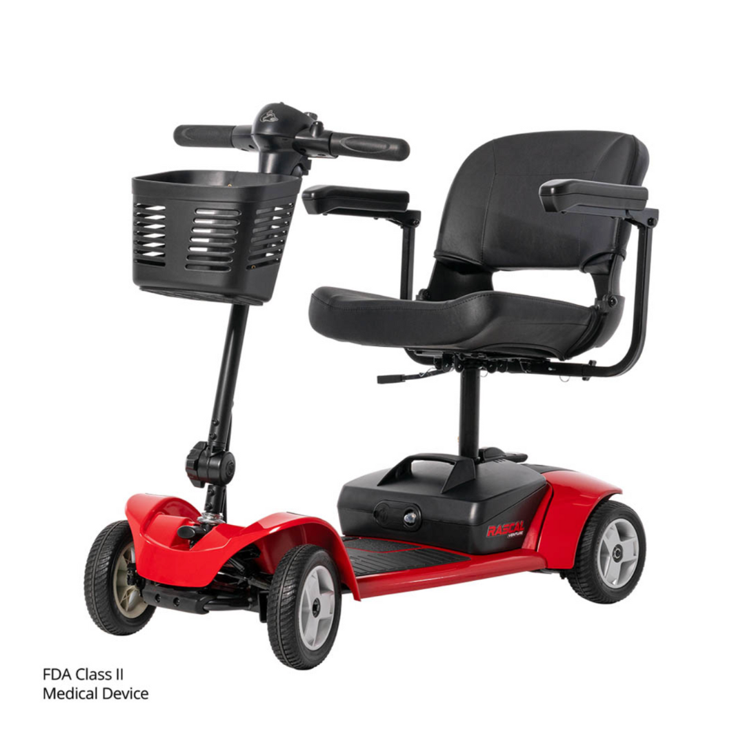 The Rascal® Venture 4-Wheel Mobility Scooter features a red and black design, front basket, padded seat, and armrests for personal and medical use. FDA Class II Medical Device appears in the lower left corner.