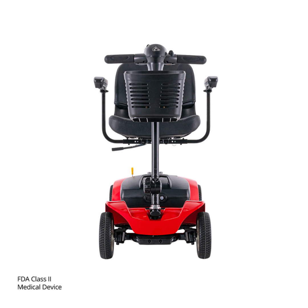 The Rascal® Venture 4-Wheel Mobility Scooter in red and black is shown from the front, featuring a seat with armrests, handlebars, and sturdy wheels. Text in the corner states: FDA Class II Medical Device.