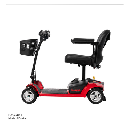 Side view of a Rascal® Venture 4-Wheel Mobility Scooter in red, featuring a black seat with armrests, front basket, and handlebars. FDA Class II Medical Device appears in the corner—reliable mobility for everyday use.