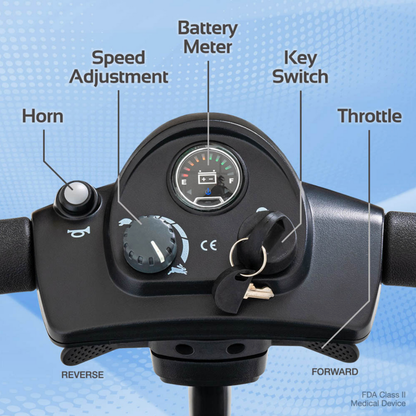 Close-up of the Rascal® Venture 4-Wheel Mobility Scooter's black control panel with labeled horn, speed dial, battery meter, key switch (keys inserted), throttle lever, and reverse/forward buttons. FDA Class II Medical Device.