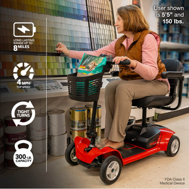 A 55-year-old woman (150 lbs) sits on a Rascal® Venture 4-Wheel Mobility Scooter in a store, holding paint samples. This FDA Class II Medical Device offers an 8-mile range, 4 mph top speed, tight turning, and supports up to 300 lbs.