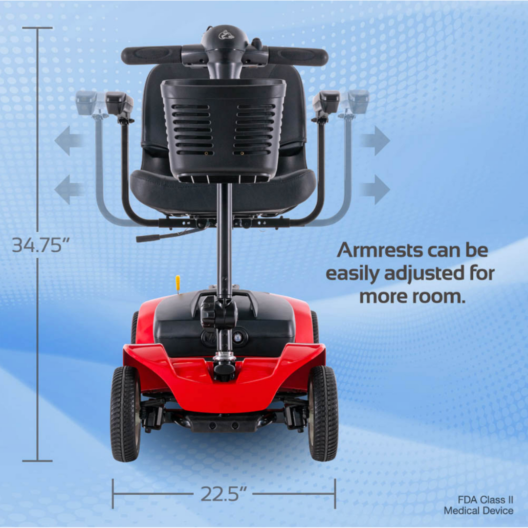 Rear view of a red Rascal® Venture 4-Wheel Mobility Scooter with black armrests, showing its 22.5" width and 34.75" height on a blue background. Text notes easily adjustable armrests for extra space on this FDA Class II Medical Device.