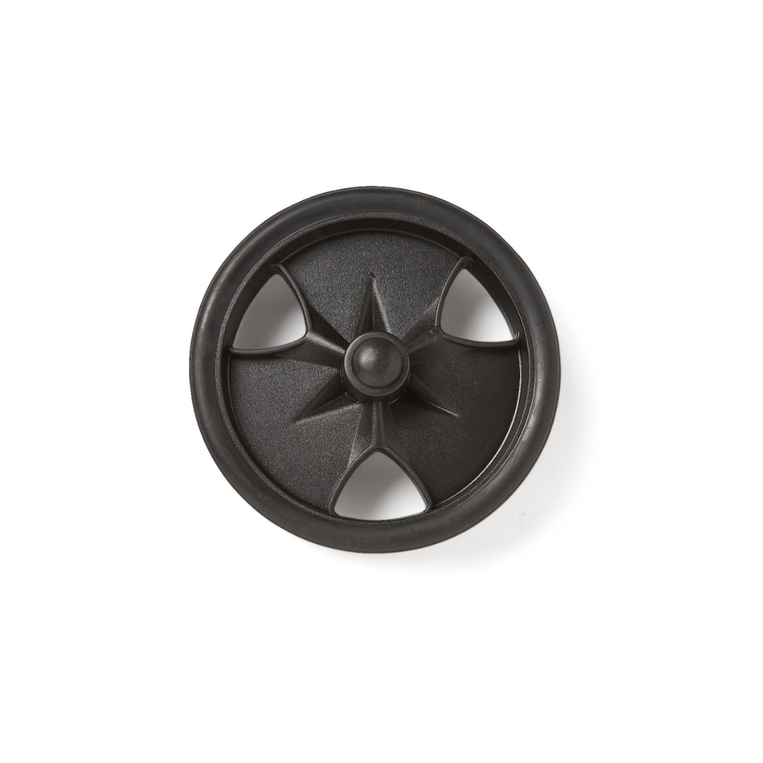 Black rear wheels for the Medline Translator Wheelchair, shown from above on a white background. Crafted from premium materials, these wheels offer lasting durability and reliable performance for your wheelchair.