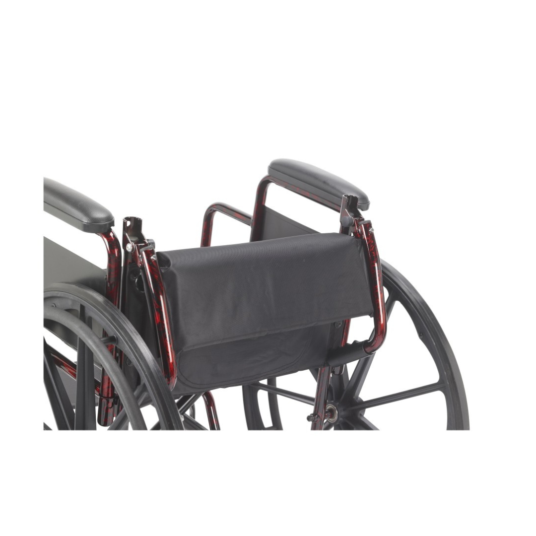 Close-up of the Drive Rebel Wheelchair with Quick-Release Wheels, featuring a black seatback, armrests, and large quick-release wheels against a white background.
