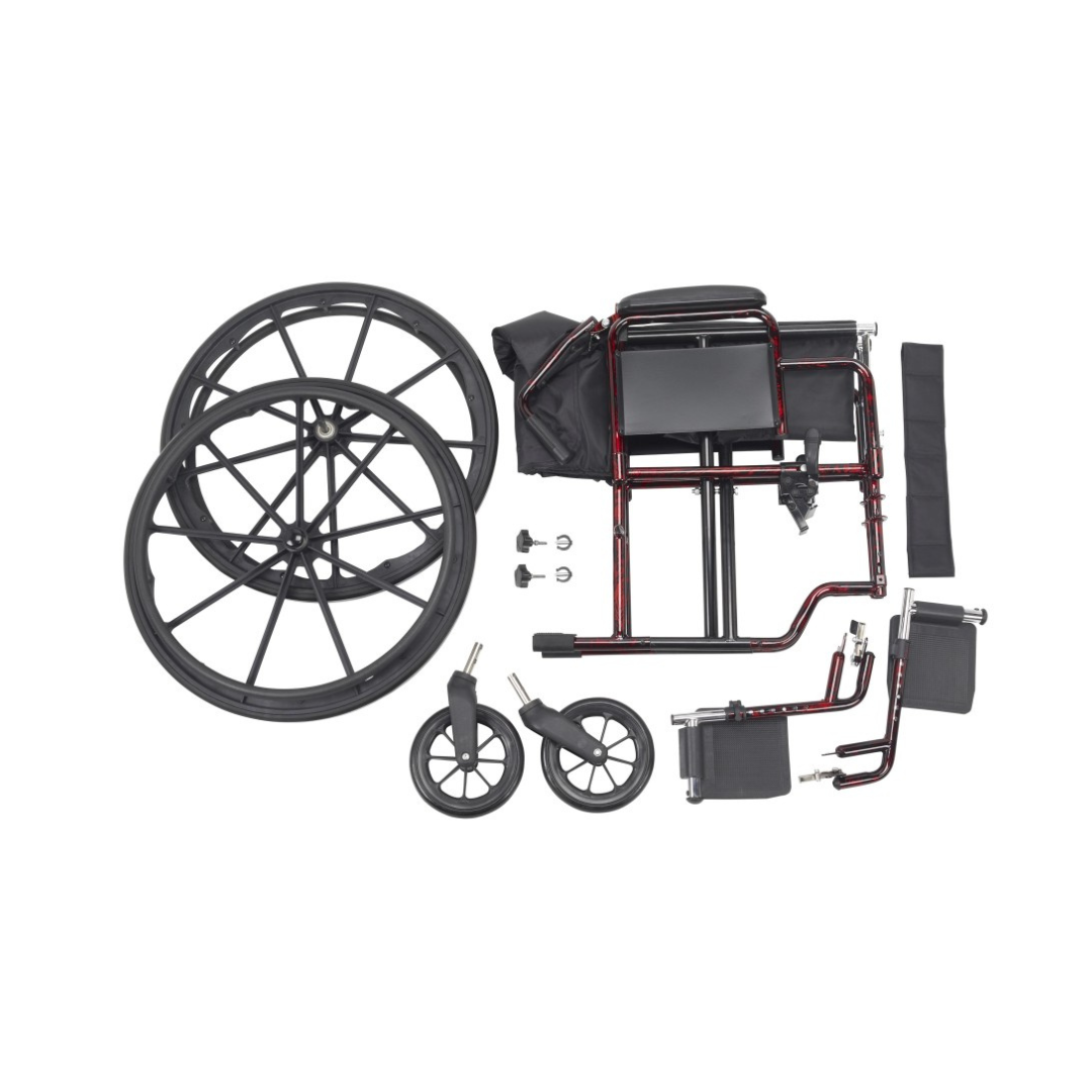The Drive Rebel Wheelchair with Quick-Release Wheels is shown disassembled on a white background, featuring a folding frame, lightweight design, two small front wheels, rear quick-release wheels, footrests, and hardware parts.