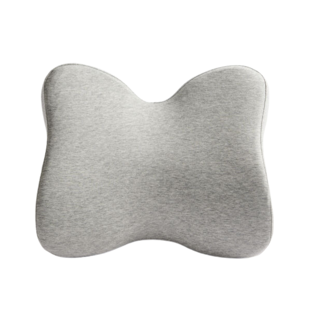 The iCare Reform Low Back Support - Targeted Lumbar Relief is a gray, butterfly-shaped ergonomic pillow with a smooth surface, designed for low back support and shown against a white background.
