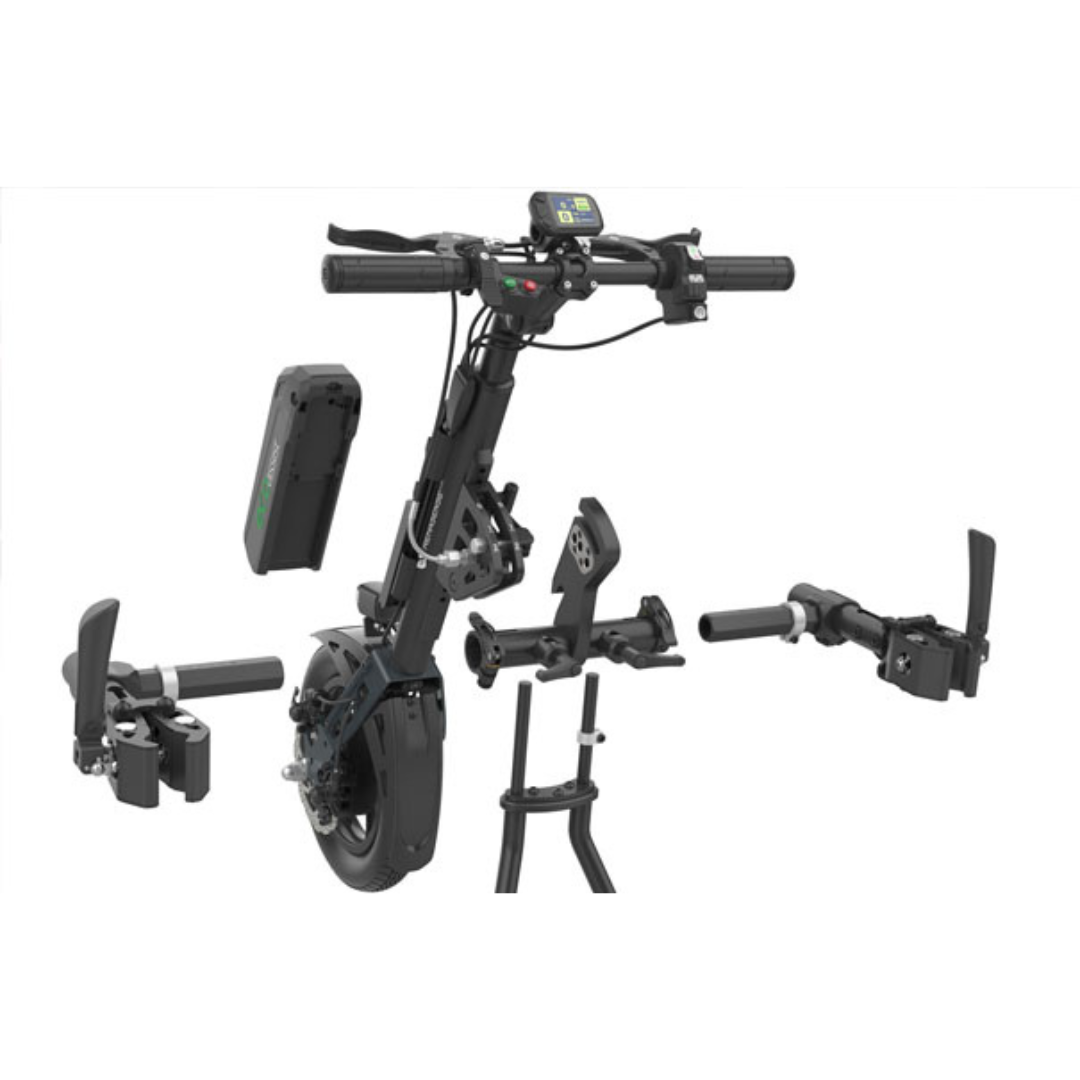 A black Rehasense ECO Assist Power Chair Conversion System with handlebar, digital display, battery pack, and detachable components arranged on a white background—a versatile mobility solution.