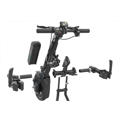 A black Rehasense ECO Assist Power Chair Conversion System with handlebar, digital display, battery pack, and detachable components arranged on a white background—a versatile mobility solution.
