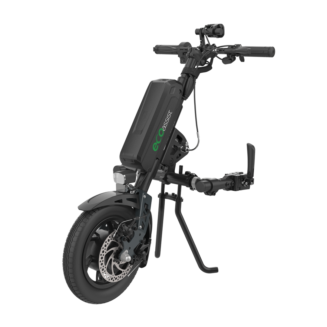 The Rehasense ECO Assist Power Chair Conversion System is a black add-on kit with a front wheel, eco assist-labeled battery pack, handlebars, and pedals—designed to convert a regular bike to electric-powered mobility.