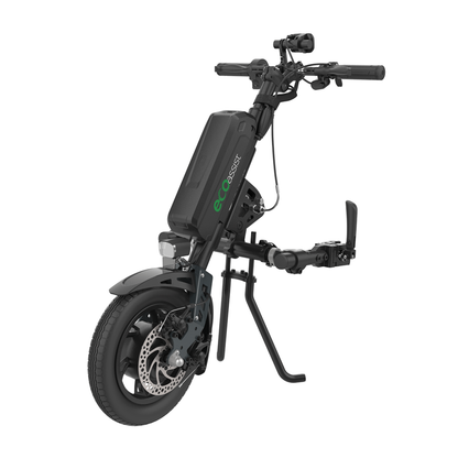 The Rehasense ECO Assist Power Chair Conversion System is a black add-on kit with a front wheel, eco assist-labeled battery pack, handlebars, and pedals—designed to convert a regular bike to electric-powered mobility.