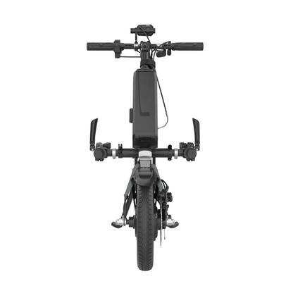 Front view of the Rehasense ECO Assist Power Chair Conversion System in black, showcasing handlebars, battery pack, single front wheel, and pedals—all vertically aligned against a white background for innovative mobility.