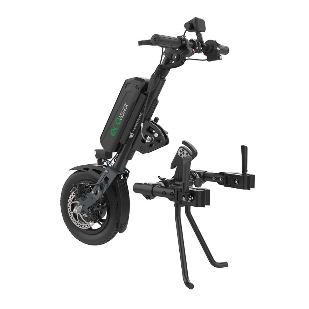 The Rehasense ECO Assist Power Chair Conversion System is a black power add-on with a single front wheel, handlebars, and battery pack, designed to attach to manual wheelchairs for powered mobility assistance.