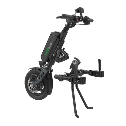 The Rehasense ECO Assist Power Chair Conversion System is a black power add-on with a single front wheel, handlebars, and battery pack, designed to attach to manual wheelchairs for powered mobility assistance.