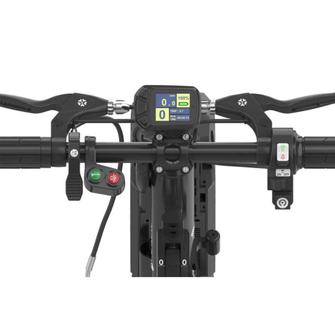 Close-up of the Rehasense ECO Assist Power Chair Conversion System handlebar with a digital display, buttons, switches, and brake levers—an innovative mobility solution for enhanced convenience.