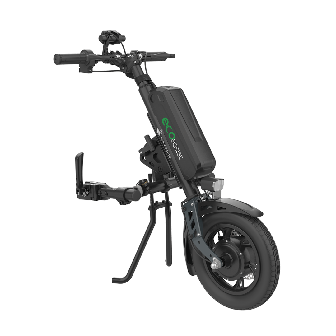 The Rehasense ECO Assist Power Chair Conversion System is a sturdy black device with a single front wheel, handlebars, and battery pack that easily converts your manual wheelchair into a powerful electric mobility solution.