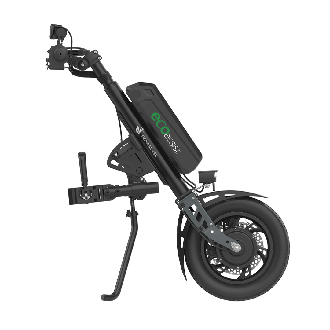 The Rehasense ECO Assist Power Chair Conversion System is a black electric assist wheel with a battery, front wheel, handlebars, and kickstand that converts manual wheelchairs into powered ones for improved mobility.