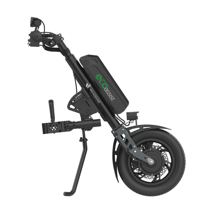 The Rehasense ECO Assist Power Chair Conversion System is a black ecoASSIST-branded add-on with battery, handlebar, kickstand, and large front tire—designed to convert a manual wheelchair into an electric-powered chair.