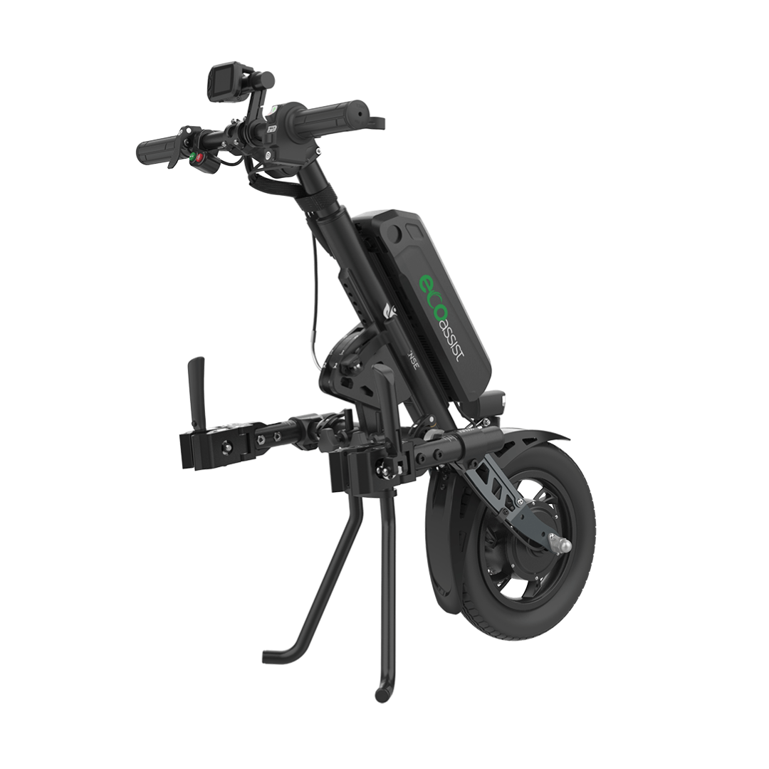The Rehasense ECO Assist Power Chair Conversion System is a black, single-wheel power add-on with handlebars and battery pack, plus a mounting bracket, designed to convert manual wheelchairs into electric-powered models.